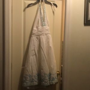 100% Cotton Halter White and Teal Dress. Perfect for a Summer day!
